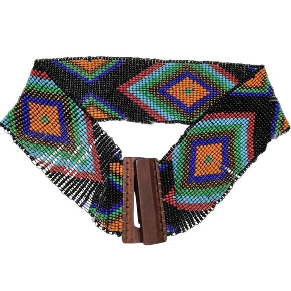 Oversized Handcrafted Beaded Belt Geometric Pattern & Wooden Buckle Size 1X - Picture 1 of 7